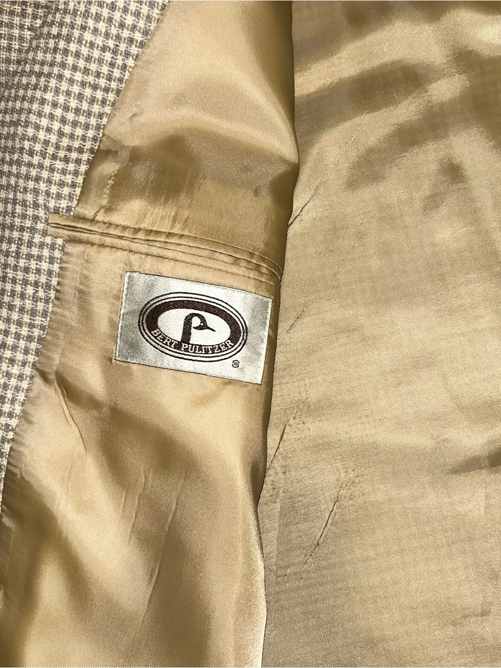 Vintage Bert Pulitzer 42S Beige/Gray Gingham Sport Coat Blazer Mens pure silk